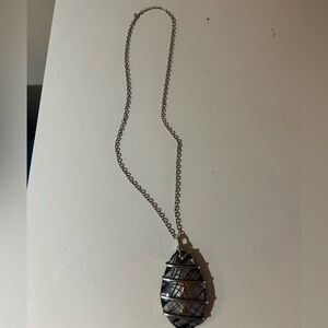 Unique Silver like Chain Necklace with Wrapped Stone Pendant
